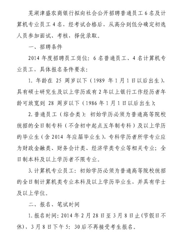芜湖津盛农商行2014年招聘启事