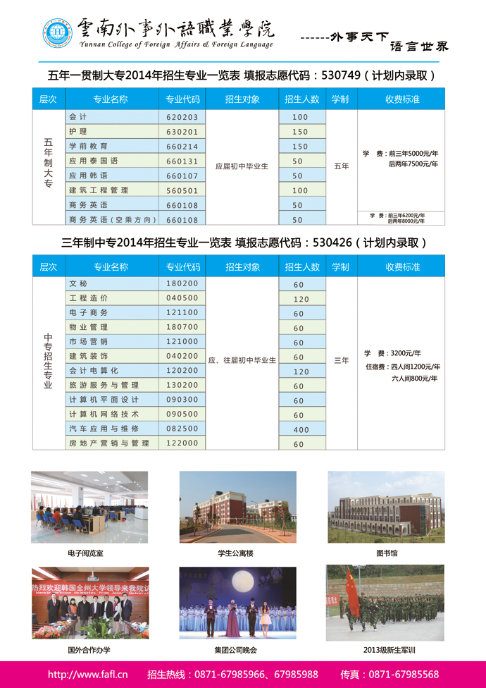 云南外事外语职业学院2014年招生简章