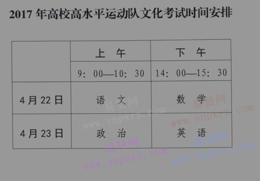 2017年武汉大学高校高水平运动队文化考试时间安排
