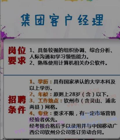 2017年中国移动广西公司钦州分公司招聘公告