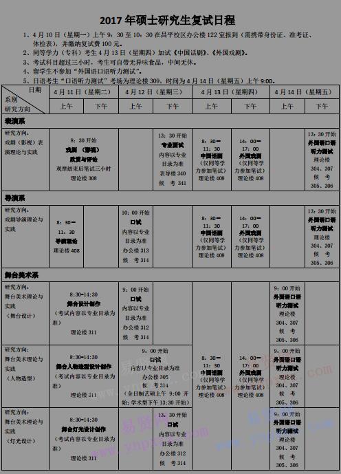 2017年中央戏剧学院硕士研究生入学考试复试日程