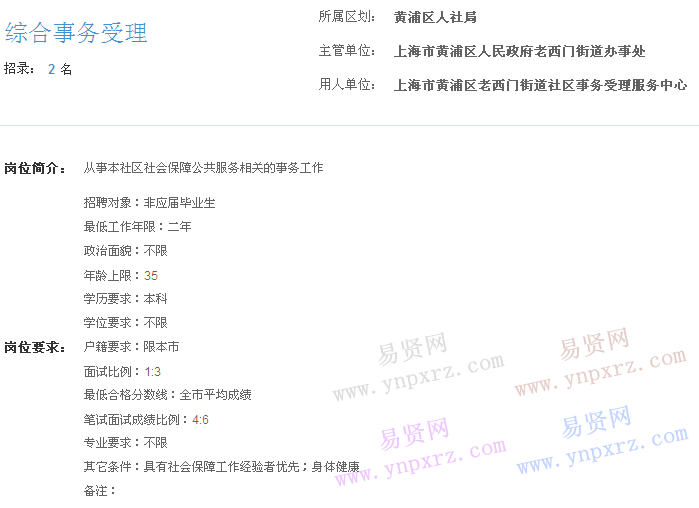 上海市2017年度事业单位招聘黄浦区岗位(老西门街道社区事务受理服务中心综合事务受理)