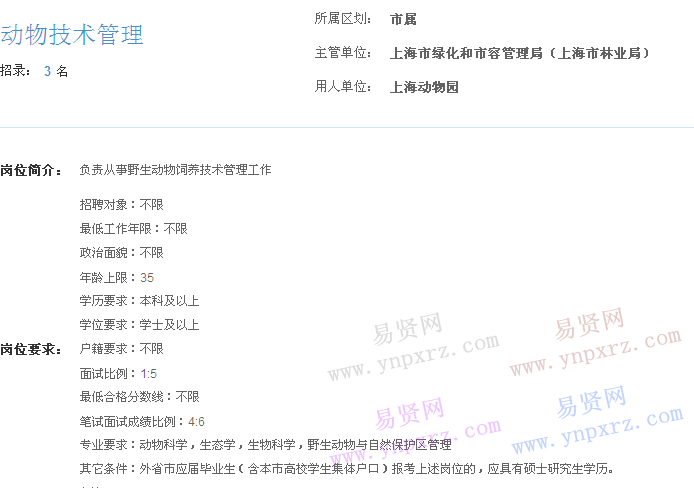 上海市2017年度事业单位招聘市属岗位(动物园动物技术管理)