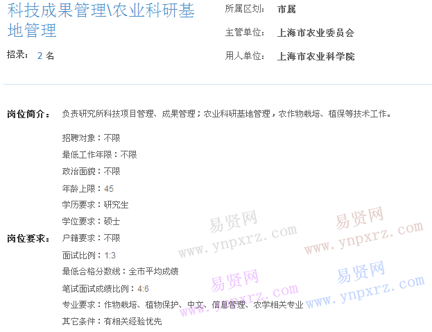 上海市2017年度事业单位招聘市属岗位(农业科学院科技成果管理\农业科研基地管理)