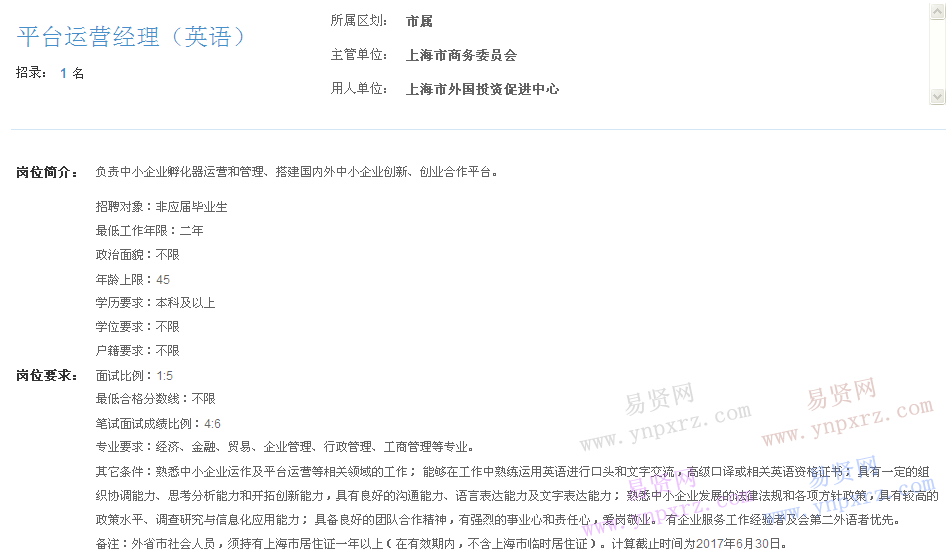 上海市2017年度事业单位招聘市属岗位(外国投资促进中心平台运营经理英语)