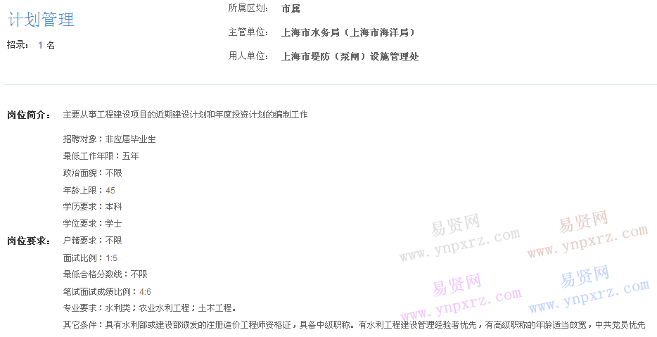 上海市2017年度事业单位招聘市属岗位(堤防/泵闸设施管理处计划管理)